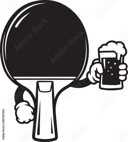 Cartoon ping pong paddle character holding a frothy beer mug with foamy head and bubbles table tennis