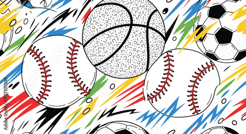 A playful, abstract seamless pattern featuring black and white outlined sports balls over a background of colorful, energetic scribbles.