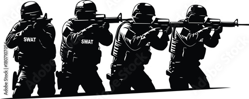 Bold black vector silhouette of a four-person SWAT or Special Forces team advancing in formation, aiming assault rifles, symbolizing law enforcement, security, and high-risk operations