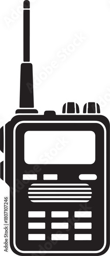 Bold black vector silhouette of a walkie-talkie or two-way radio, symbolizing communication, security, emergency services, and team coordination