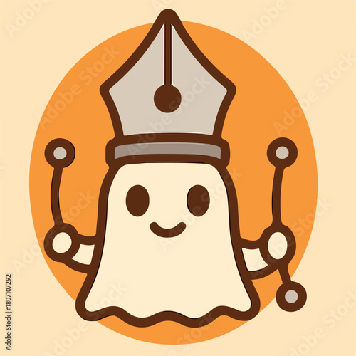 Ghost handyman witch with broom wrench and gear friendly halloween maintenance icon