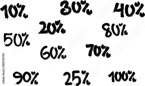 “Hand-Drawn Percentage Numbers Set, Rough Marker Styled 20% 30% 60% 70% Typography Collection, Artistic Sketch Number Elements on Clean Background”