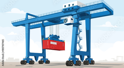 Blue rubber-tired gantry crane meticulously lifting a vibrant red cargo container at a bustling port, symbolizing global trade and freight logistics.