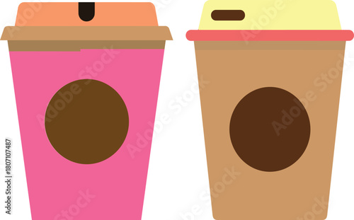 Minimalist flat coffee cup illustration with brown lid and label, modern beverage takeout design, simple drink container graphic for branding