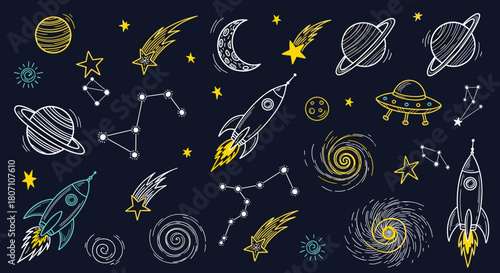 Creative collection of outer space doodles drawn in a chalk-on-blackboard style, featuring rockets, planets, and stars.