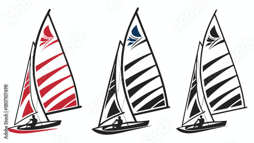 Stylized Illustration of Three Sailboats with Striped Sails and Sailors in the Watercraft in Three Different Color Schemes.                           
