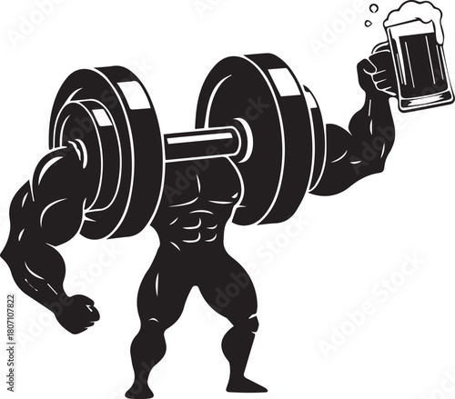Muscular bodybuilder silhouette holding a beer mug with a dumbbell body vector