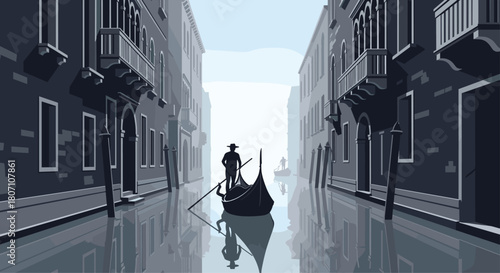 Atmospheric pixel art scene of a gondolier steering a gondola through a misty canal in Venice, with classic architecture on both sides.