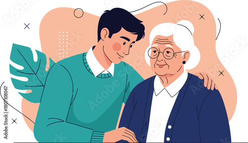 Caring young man supporting and comforting elderly woman in a warm family moment, illustrating compassion, love, respect and intergenerational bonding.