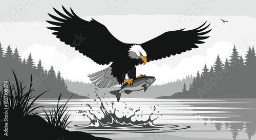 Majestic bald eagle with wings spread wide snatches a fish from a serene lake in a detailed black and white pixel art landscape.