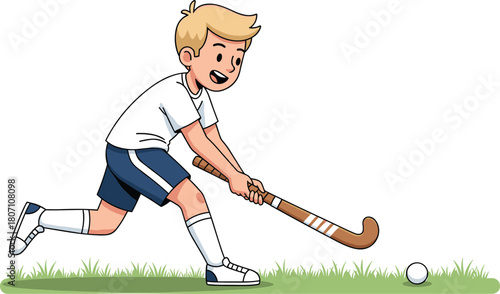 Cute cartoon illustration of a young boy playing field hockey, running on grass with stick and ball, showing sports activity and outdoor fun.