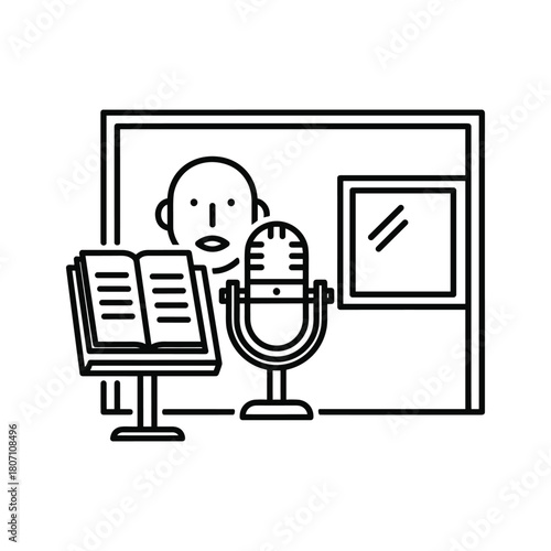 Podcast recording studio icon with microphone and book isolated on