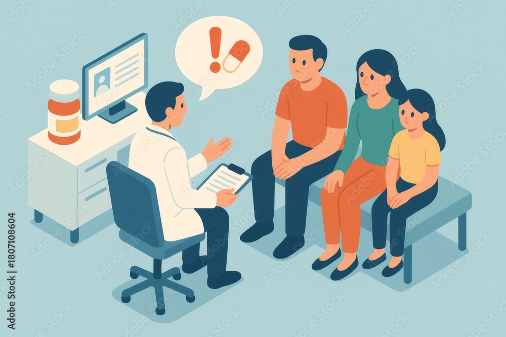 Fototapeta premium Doctor advising family about health concerns and prescription medicine. Pediatrician consulting with parents and child during an appointment