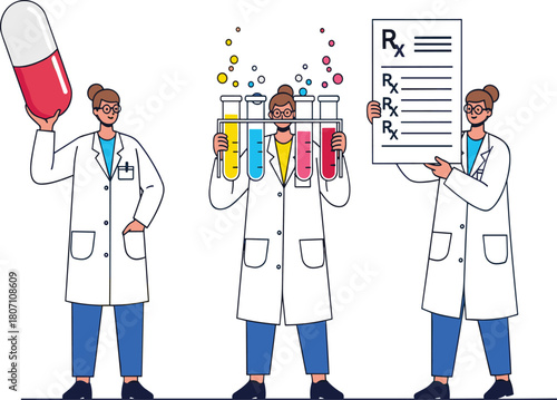 Medical scientists and pharmacists working with giant pill, test tubes and prescription sheet in a modern laboratory research and healthcare illustration.