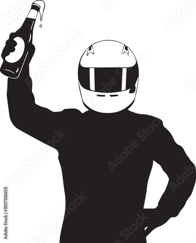 Silhouette of a person in a racing helmet holding a bottle of beer with foam dripping beer bottle driver