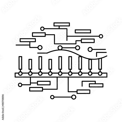 Abstract circuit board diagram with waveform, isolated on