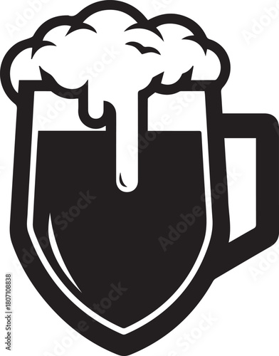 Stylized black and white graphic illustration of a beer mug with overflowing foam drink beverage