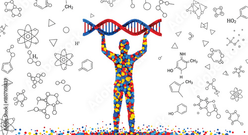 Colorful human silhouette holding DNA double helix surrounded by scientific molecular structures, symbolizing genetics, biotechnology, innovation and modern science research concepts.