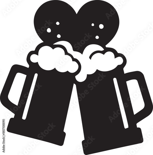 Two black beer mugs clinking with frothy heads and a heart shape above toasting celebration