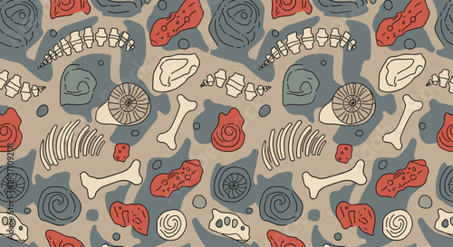 A stylized seamless pattern featuring various fossils, dinosaur bones, and ammonites against a background of abstract rock shapes.