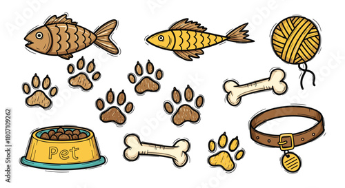 Charming hand-drawn collection of pet supplies for cats and dogs, featuring fish, bones, paw prints, a food bowl, collar, and yarn ball.