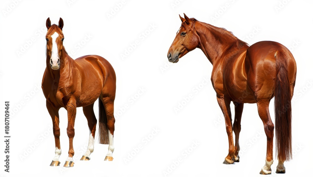 Obraz premium Two Chestnut Horses Standing Side-by-Side on White Background