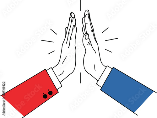 Business teamwork high five illustration showing two hands celebrating success, partnership, cooperation and motivation in a modern minimal line art style.
