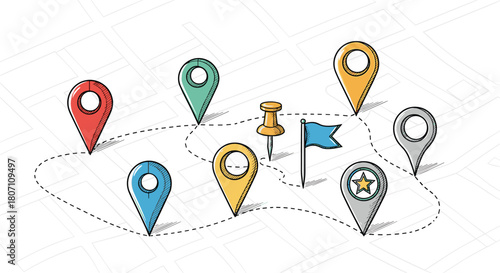 Hand-drawn illustration of a map with a planned route shown by a dotted line, connecting various colorful location pins and markers.