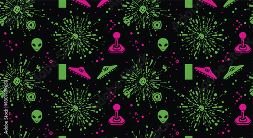 A retro seamless pattern with a neon green and pink color scheme, featuring classic arcade video game elements on a black background.