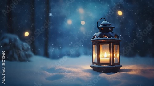Glowing lantern with warm candlelight in a snowy winter forest at night