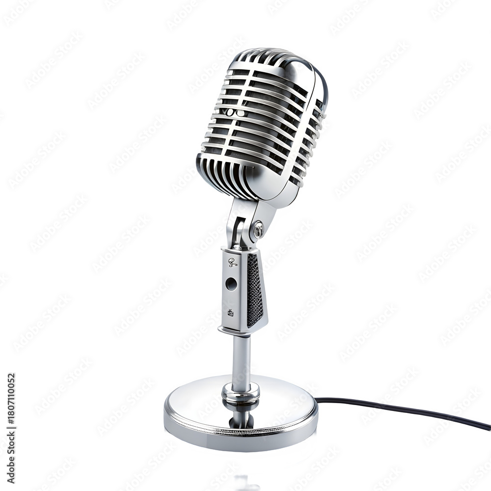Fototapeta premium Vintage chrome microphone on a stand isolated on transparent background