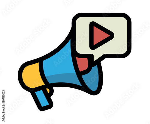 A megaphone with a play button symbol in a speech bubble represents broadcasting or sharing media content.