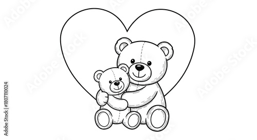 A big bear hugs a small one, expressing love in the shape of a heart for coloring