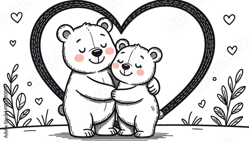 Coloring book: A bear parent and a baby bear hug inside a heart with floral elements