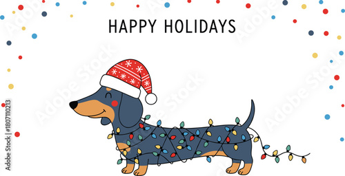 Cute dachshund dog wrapped in colorful Christmas lights wearing Santa hat, festive holiday greeting vector illustration with playful winter celebration theme.