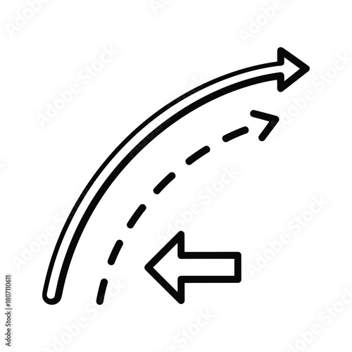 Curved line art with arrows showing direction change and a counterarrow indicating reversal, isolated on