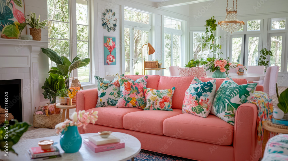 Fototapeta premium Inviting sunlit living and dining room featuring vibrant coral sofa, lush tropical plants, colorful floral throw pillows, and cheerful summery decor.