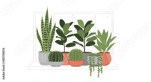 Collection of popular houseplants in stylish pots arranged on a windowsill, creating a cozy and green urban jungle interior scene.