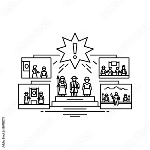 Historical reenactment with audience watching and an exclamation mark above