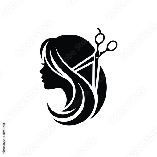 Elegant silhouette of a woman s head with scissors and flowing hair