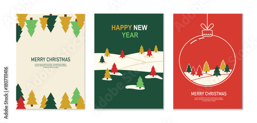 Set of three christmas and new year greeting cards with trees and snow, perfect for sending holiday wishes to friends and family