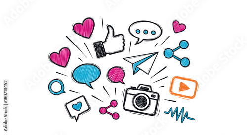 Creative collage of hand-drawn social media icons, including hearts, likes, comments, and shares, in a vibrant, sketchy style.