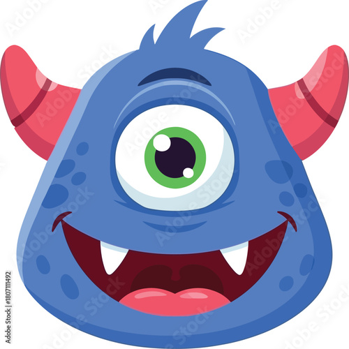 Friendly blue one eyed monster with red horns and a big smile cartoon character