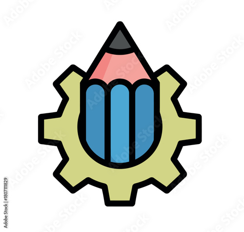 A pencil sharpened to a point rests within a stylized gear cog, representing creativity and mechanics.