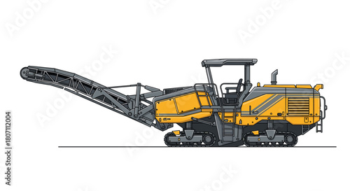 Detailed illustration of a cold planer machine, also known as an asphalt milling machine, used for road construction work.
