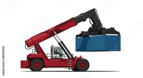 Industrial red reach stacker heavy-duty vehicle lifting a large blue shipping container, isolated on a white background.