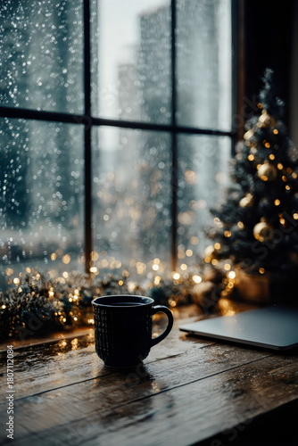 Warm cup of coffee on a wooden table beside a rainy window decorated for the holiday season