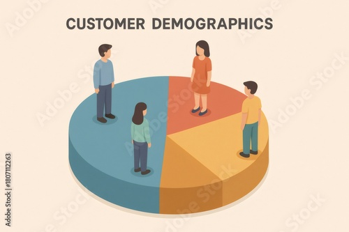 Isometric people standing on a pie chart representing customer demographics and market segments for business analysis