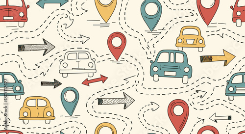 Charming seamless pattern with hand-drawn cars, location pins, and dotted routes, illustrating a journey or road trip on a map.