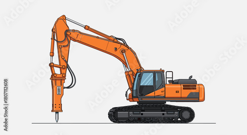 Detailed side view of an orange hydraulic excavator with a powerful jackhammer attachment, showcasing heavy demolition machinery for construction projects.